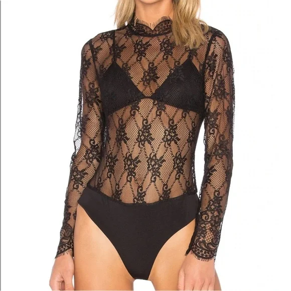 Revolve NBD RAYLYNN BODYSUIT Black Lace Eyelash Trim Size M NWT - Picture 3 of 8